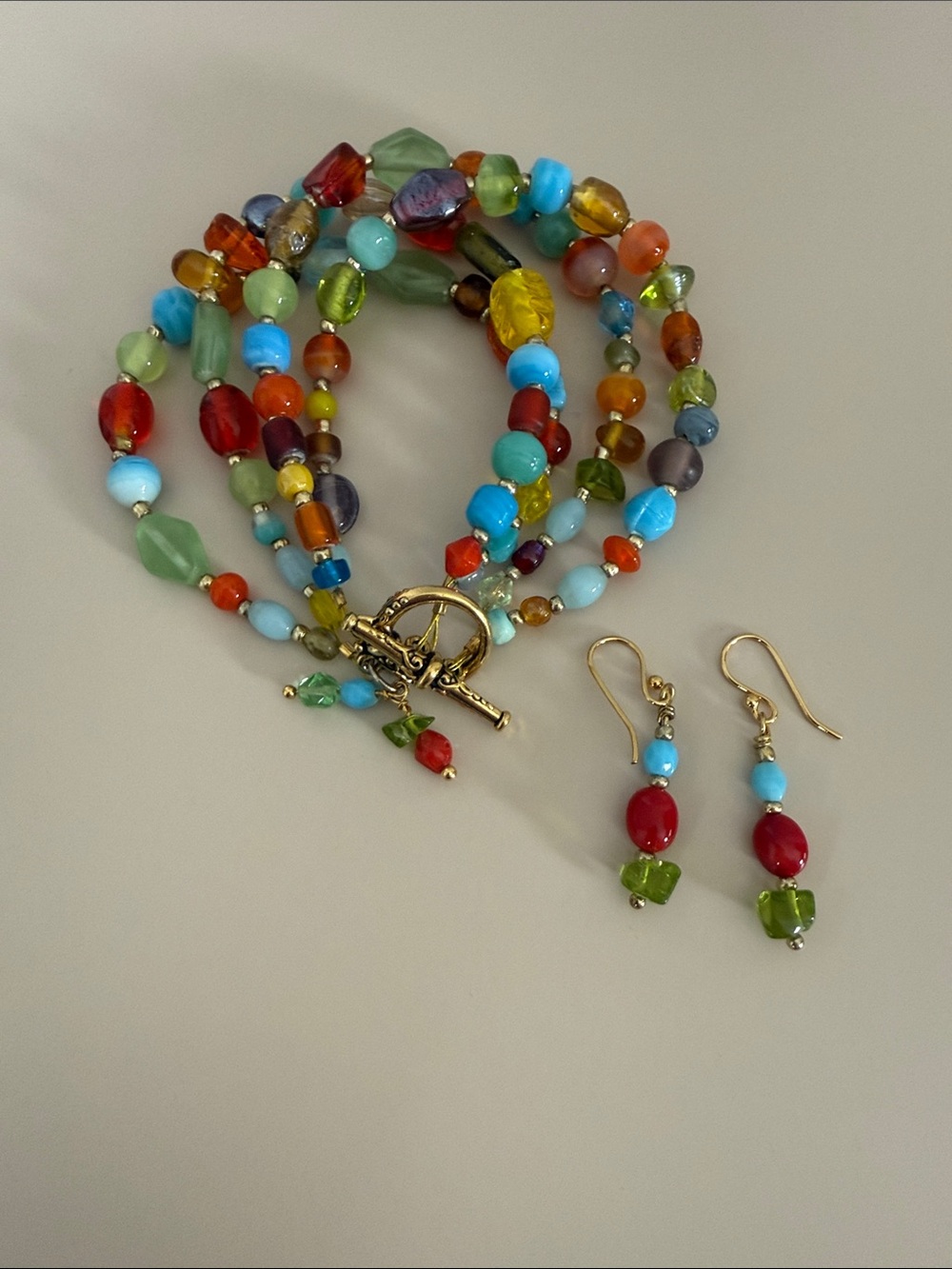 Multicolor Glass Bead Bracelet and Earring Set